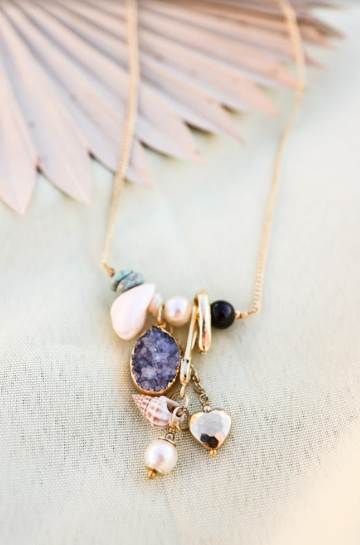 Leto Collection gold chain Boho Necklace, Boho Chic Jewelry, Spiritual druzy pendant with pearls and shell charms