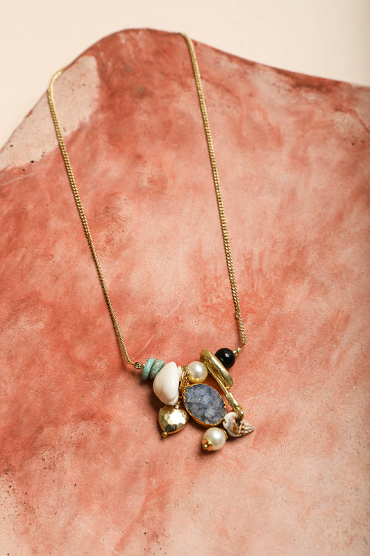 Leto Collection gold chain necklace with druzy, pearls and heart charm Boho Necklace, Boho Chic Jewelry, Spiritual