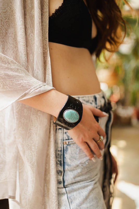 Boho Turquoise Stone Leather Cuff-Soul Flow Apparel