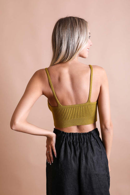 Leto Collection rib knit lounge brami in olive green with adjustable straps and fitted silhouette