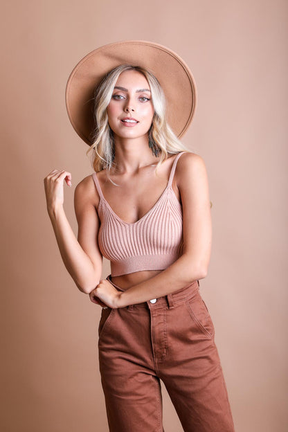 Leto Collection rib knit lounge brami in blush with adjustable straps, styled with a wide-brim hat