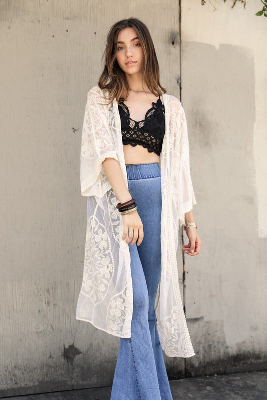 Contrast Mesh Cotton Lace Kimono-Soul Flow Apparel