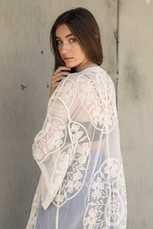 Contrast Mesh Cotton Lace Kimono-Soul Flow Apparel