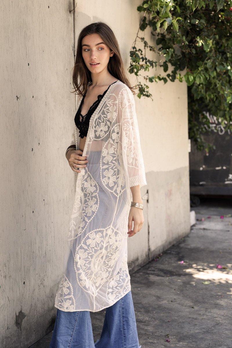 Contrast Mesh Cotton Lace Kimono-Soul Flow Apparel