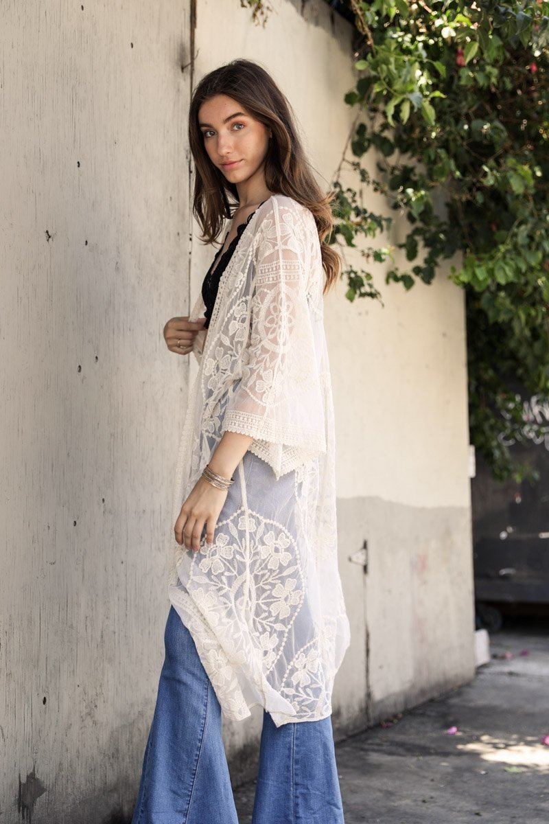 Contrast Mesh Cotton Lace Kimono-Soul Flow Apparel