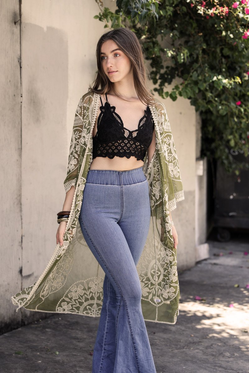Contrast Mesh Cotton Lace Kimono-Soul Flow Apparel