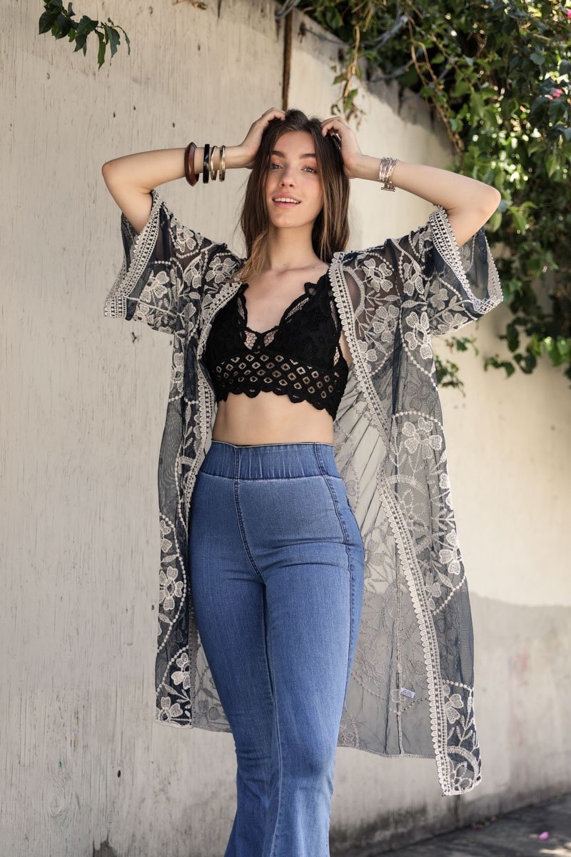 Contrast Mesh Cotton Lace Kimono-Soul Flow Apparel