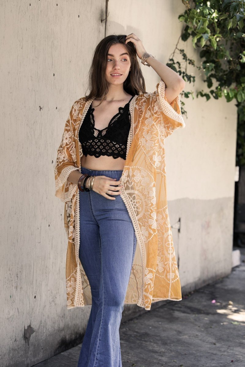Contrast Mesh Cotton Lace Kimono-Soul Flow Apparel