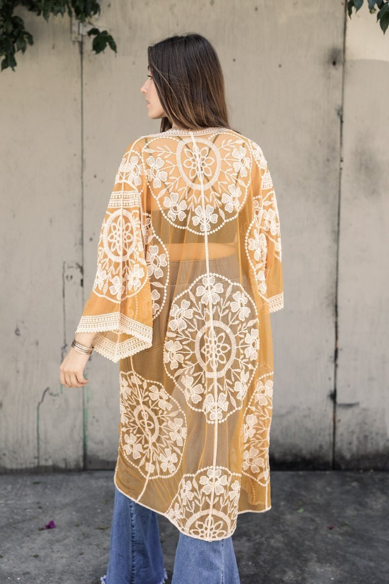 Contrast Mesh Cotton Lace Kimono-Soul Flow Apparel