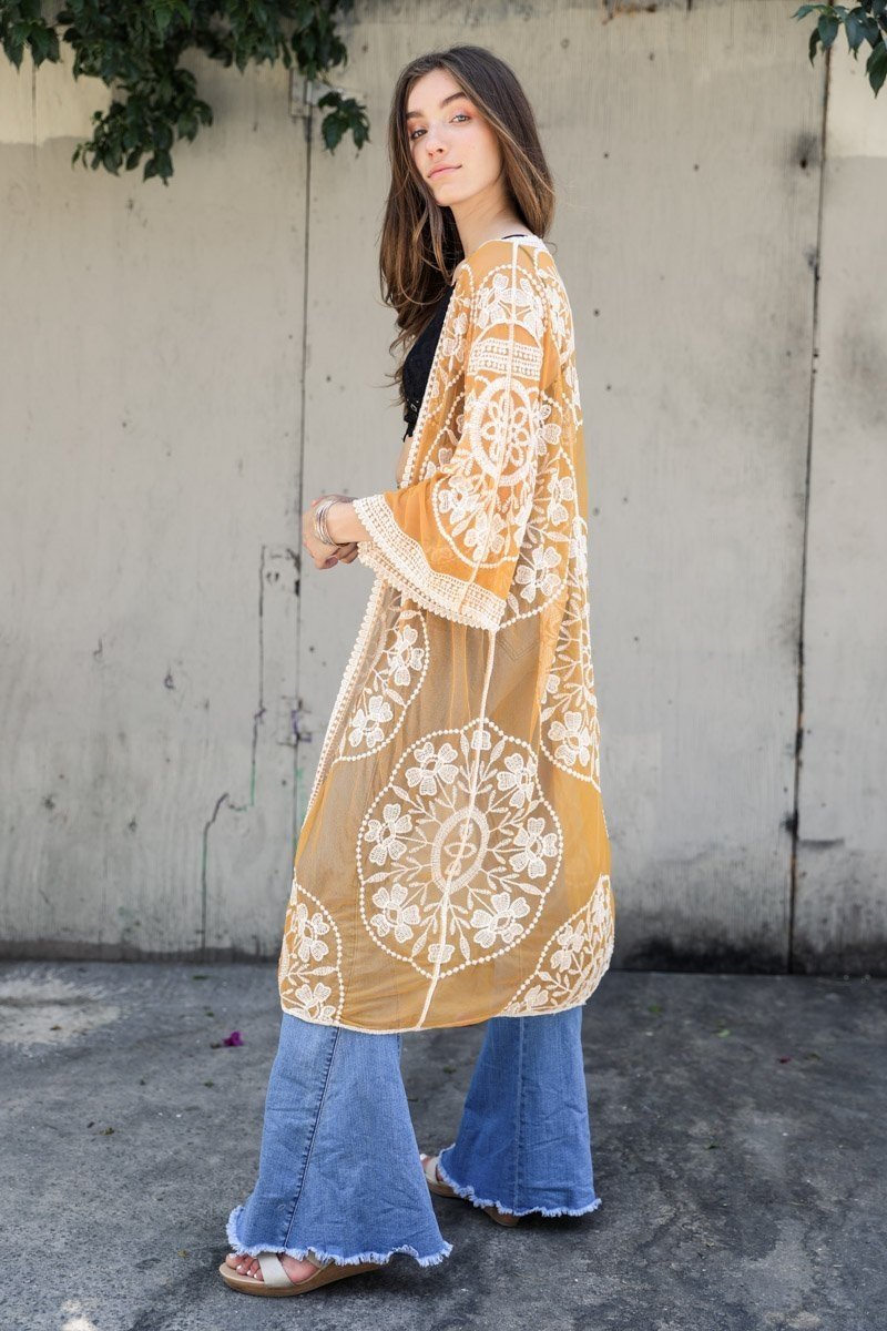 Contrast Mesh Cotton Lace Kimono-Soul Flow Apparel
