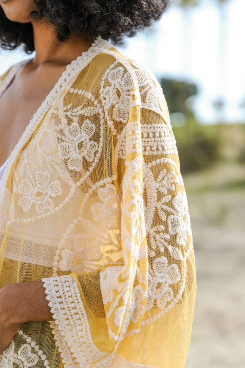 Contrast Mesh Cotton Lace Kimono-Soul Flow Apparel