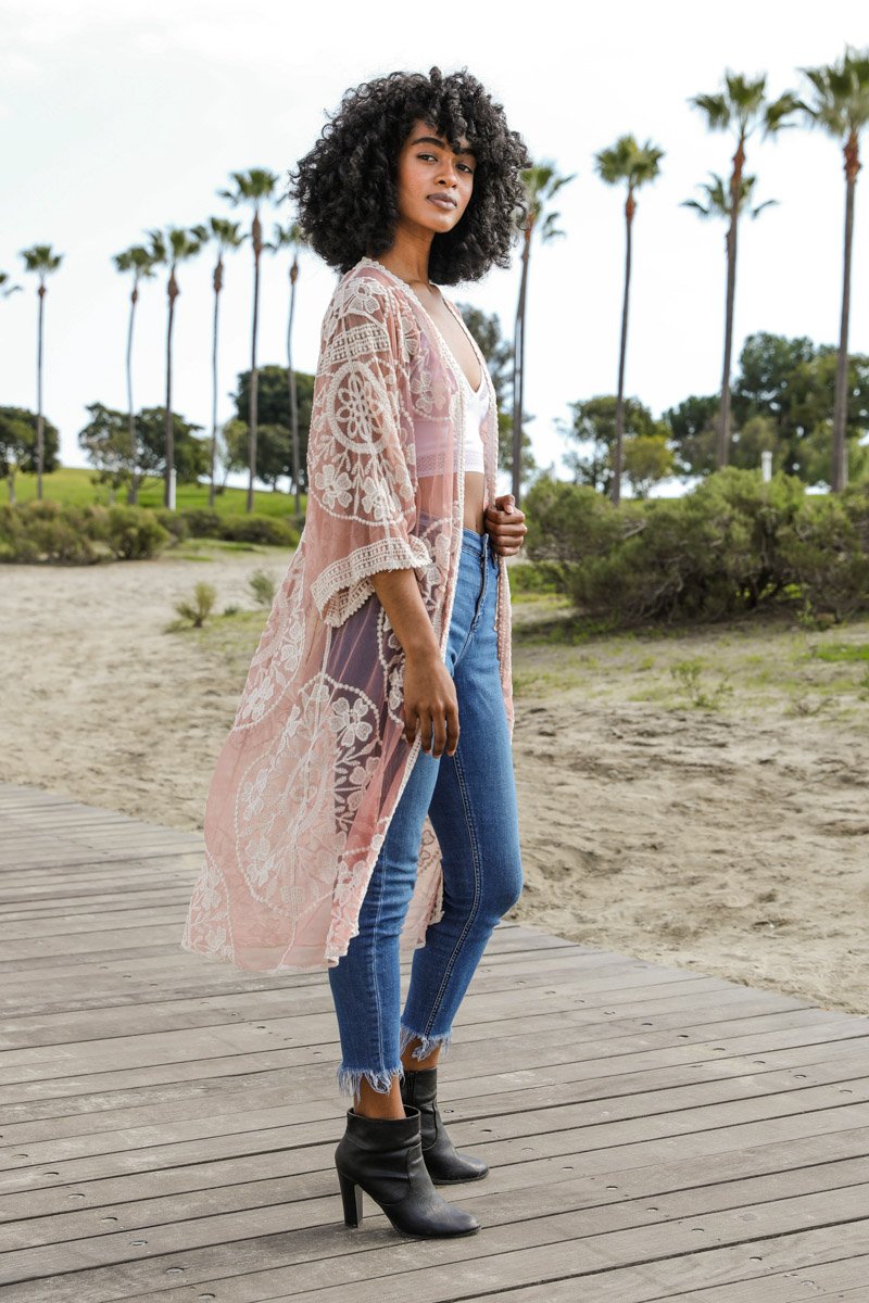 Contrast Mesh Cotton Lace Kimono-Soul Flow Apparel