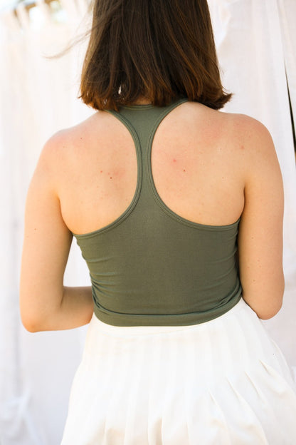 Leto Collection high neck racerback brami in olive green, showcasing a fitted design and comfortable fabric.