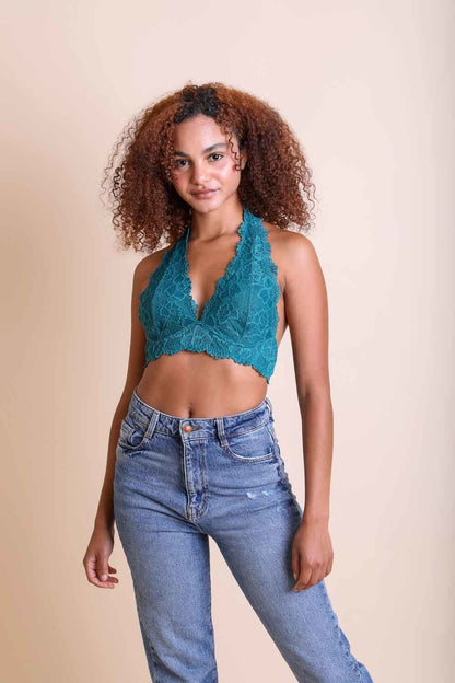 Floral lace halter bralette in teal with a delicate lace design for a stylish and comfortable fit