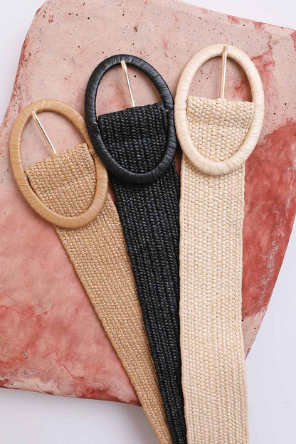 Set of three Leto Collection boho raffia belts for women in beige, black, and cream colors