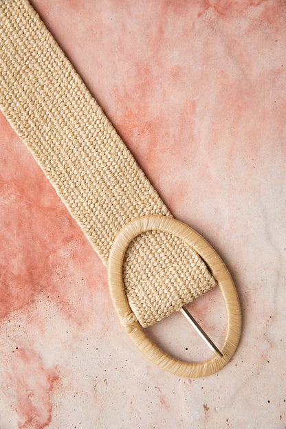 Leto Collection boho raffia belt for women in a natural beige color with a circular buckle