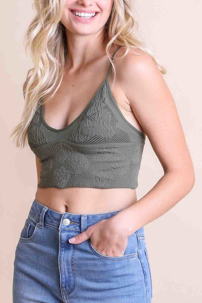 Leto Collection stretchable brami top for women in olive green with chic design and adjustable straps