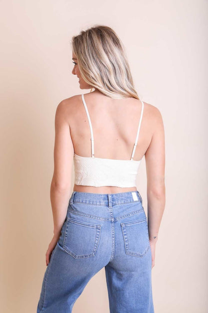 Leto Collection stretchable brami top for women in cream color, featuring adjustable straps and a snug fit