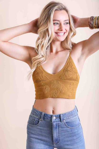 Leto Collection stretchable brami top for women in mustard color with a floral design