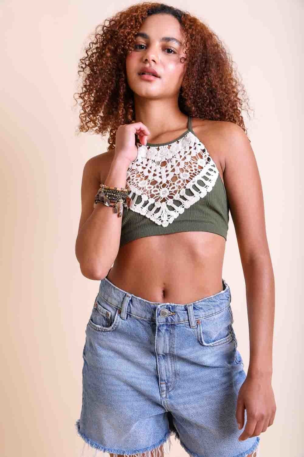 Leto Collection crochet lace high neck bralette in olive green style with fashionable denim shorts