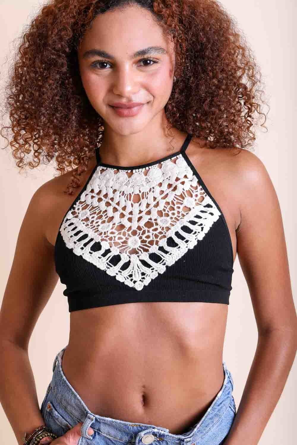 Crochet Lace High Neck Bralette – Halter Style with Cross-Back-Soul Flow Apparel