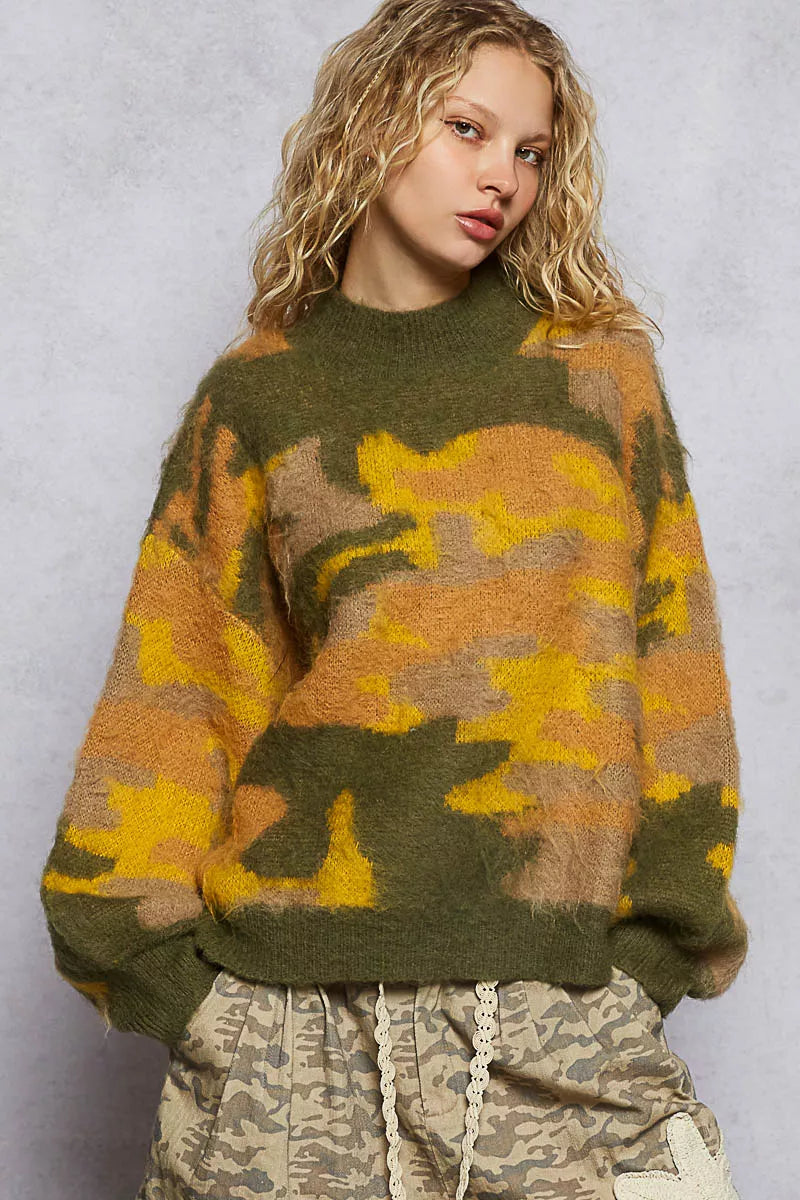 Trendsi abstract colorblock sweater women in green, yellow, and brown hues, perfect for casual outfits.