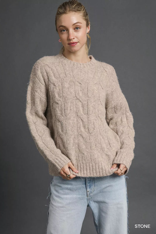 Umgee cable knit sweater in stone color with a cozy oversized fit and textured detail