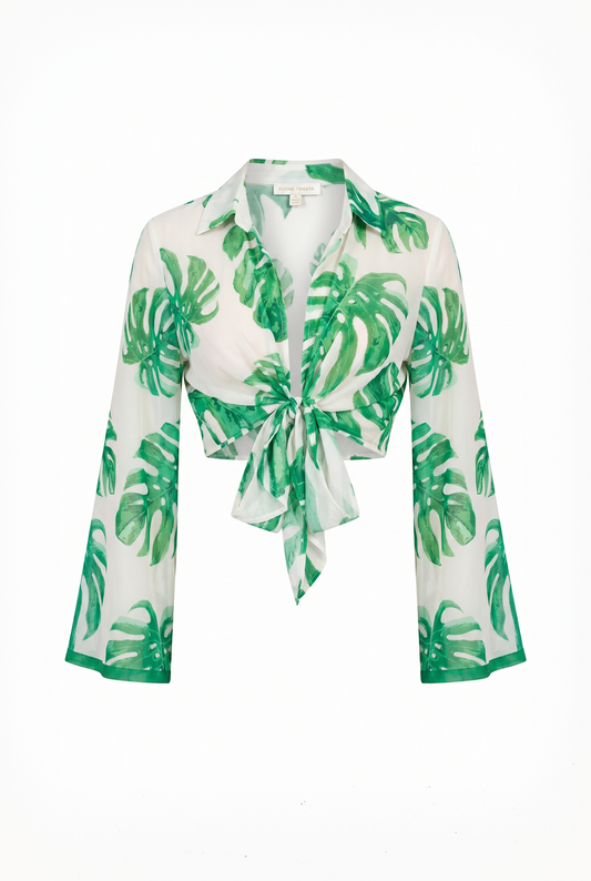 Eyes on Paradise Floral Woven Top with Front Tie Long Angel Sleeves