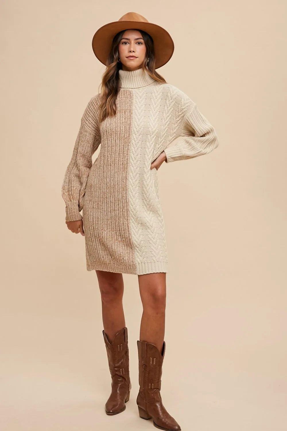 Trendsi color block turtleneck sweater dress in beige and cream with long sleeves and a relaxed fit