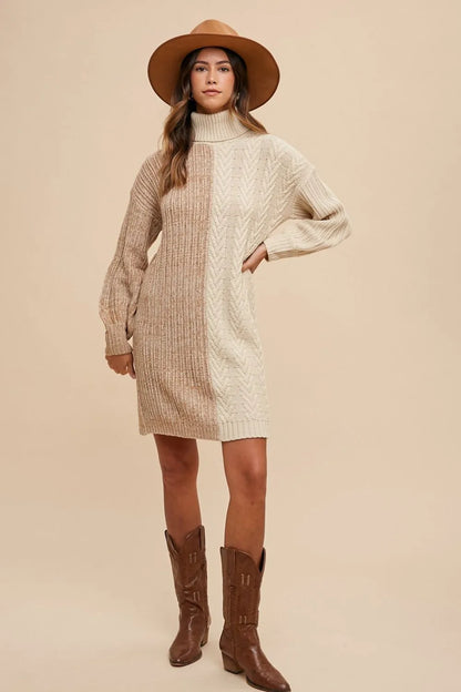 Trendsi color block turtleneck sweater dress in beige and cream with long sleeves and a relaxed fit