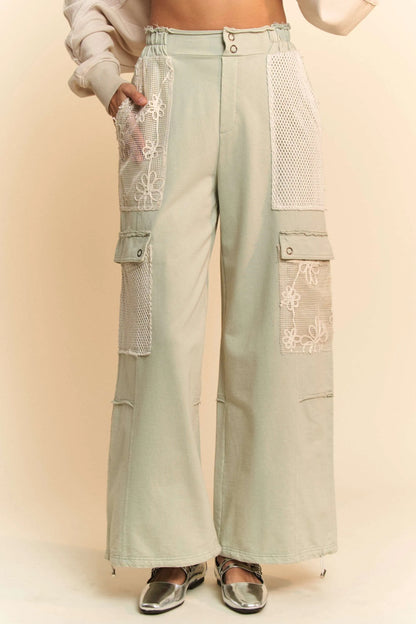 Trendsi lace patchwork adjustable pants in light green with stylish mesh pockets