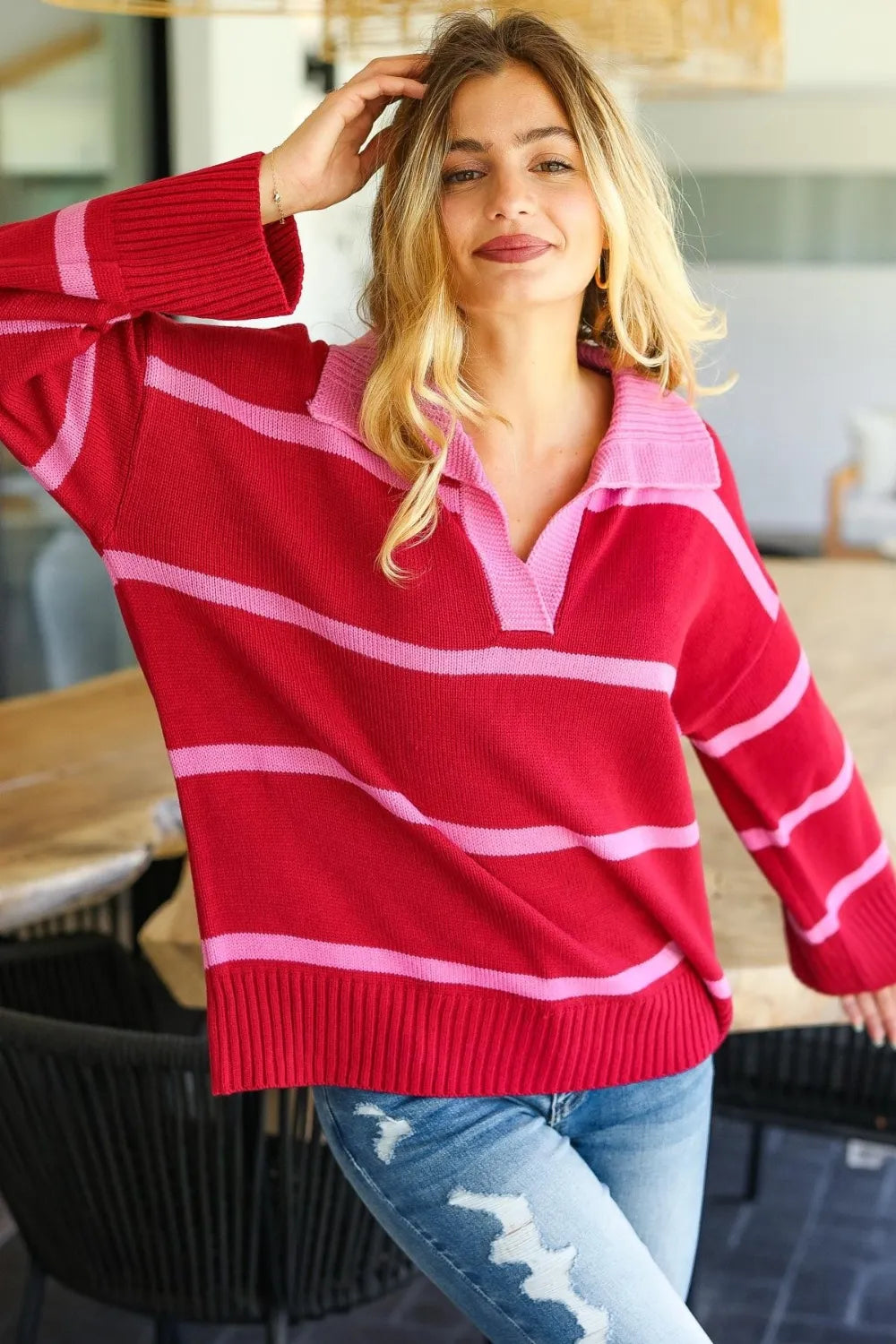Trendsi collared striped boho sweater in red and pink with a relaxed fit and cozy design