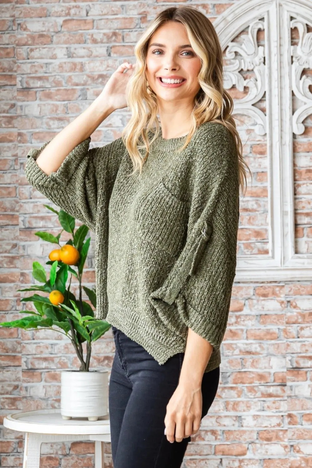 Trendsi boho round neck sweater in olive green with balloon sleeves for a stylish casual look