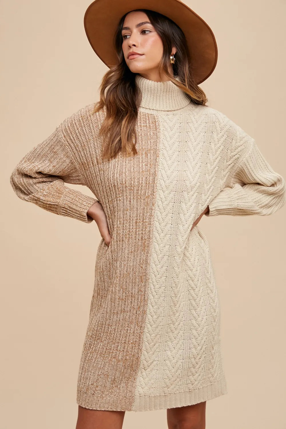 Color block turtleneck sweater dress featuring a cozy knit design and stylish oversized sleeves