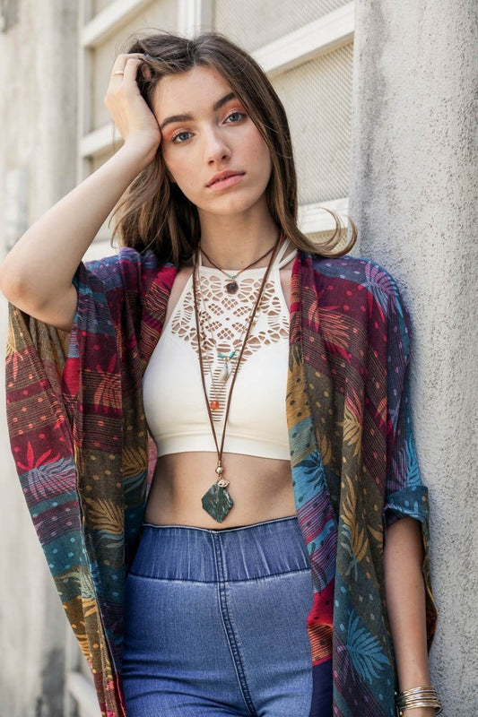 Leto Collection model wearing Boho Necklace, Boho Chic Jewelry, Spiritual long green stone pendant on leather cord