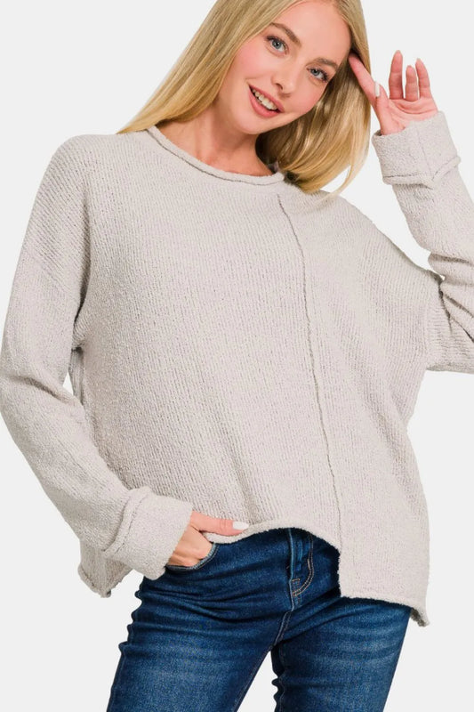 Trendsi boho asymmetric hem sweater in light gray, featuring a relaxed fit and soft texture