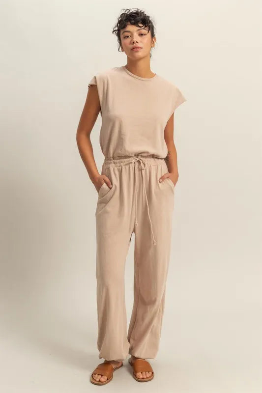 HYFVE Back Keyhole Round Neck Cap Sleeve Drawstring Jumpsuit-Soul Flow Apparel