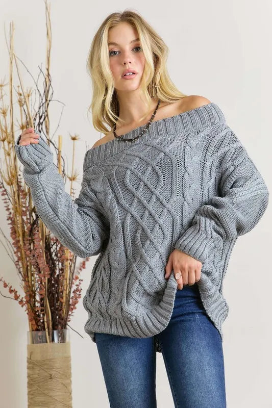 Trendsi off shoulder cable knit sweater in gray with a relaxed fit and textured design