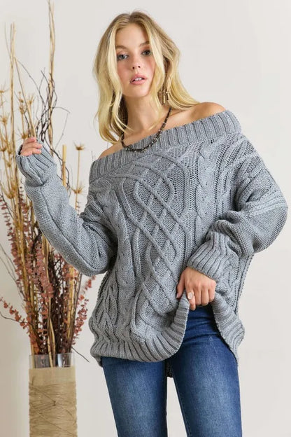 Trendsi off shoulder cable knit sweater in gray with a relaxed fit and textured design