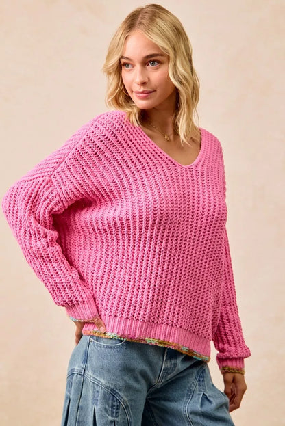 Trendy pink boho v-neck sweater women with a relaxed fit and textured knit design