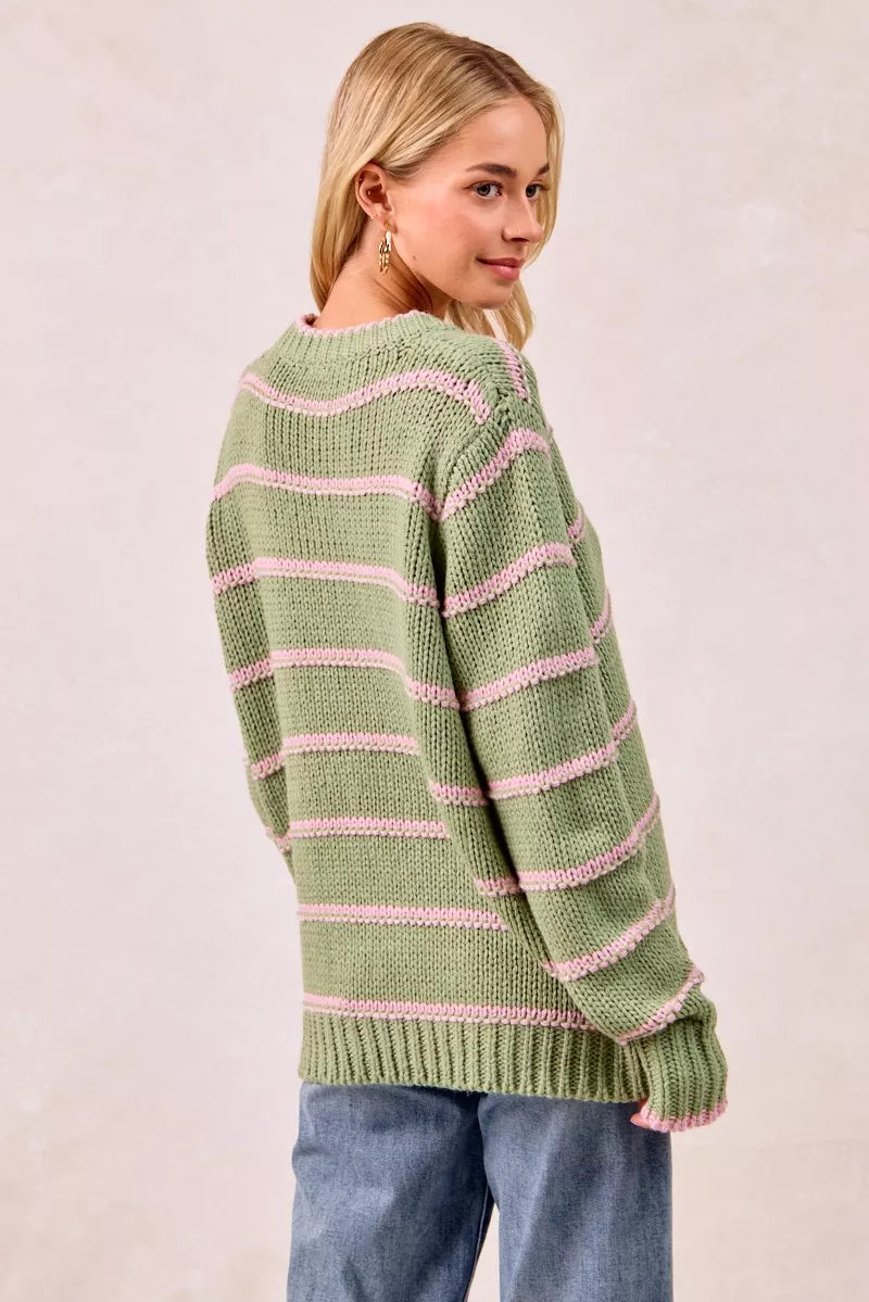 Boho striped long sleeve sweater in green with pink stripes, perfect for casual chic outfits