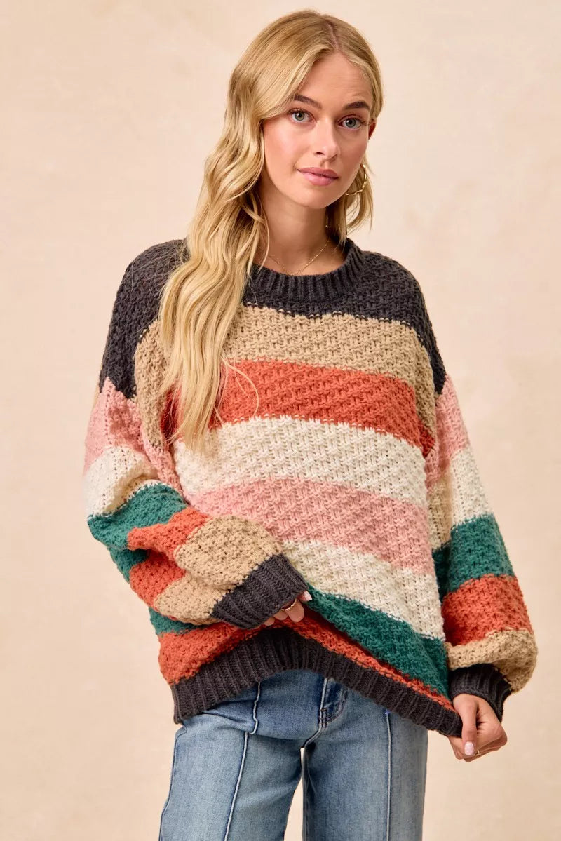 Trendsi boho color block sweater in warm tones with oversized fit and cozy texture