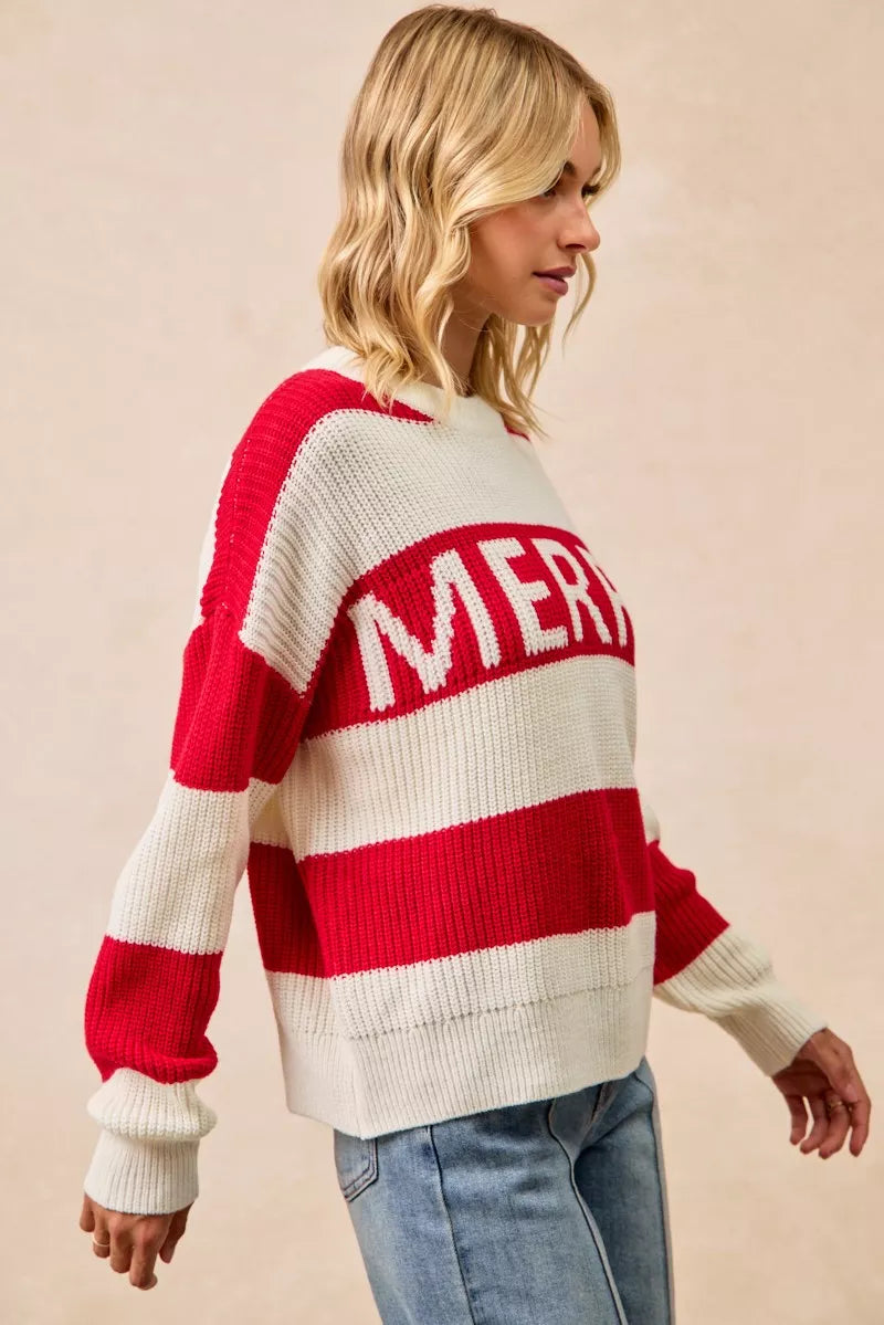 Trendsi Merry Christmas sweater for women in red and white stripes with a relaxed fit