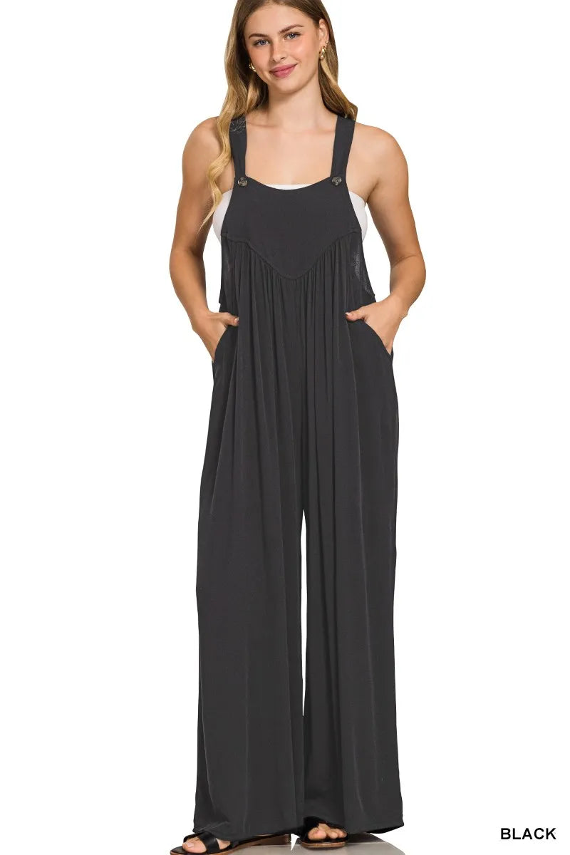 Trendsi black boho wide leg overalls with pockets and adjustable straps for a stylish look
