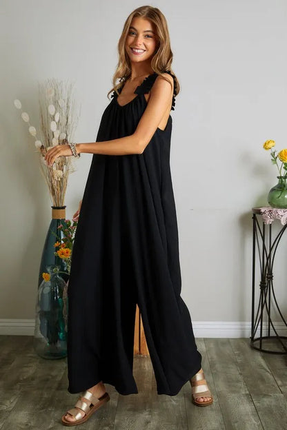 Trendsi Plus Size Boho Jumpsuit in Black with Ruffled Straps for a Relaxed Fit