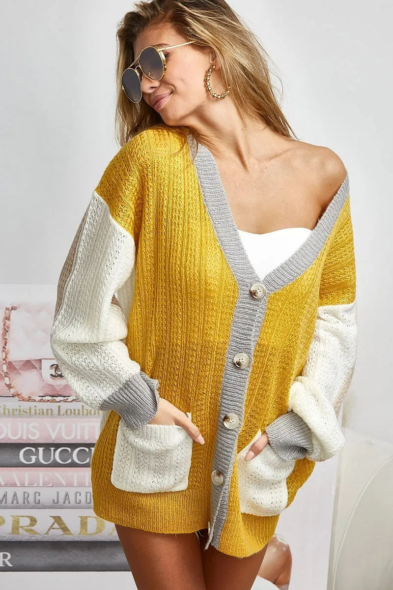 Trendsi Boho Color Block Cardigan Sweater in Yellow and White with oversized fit and pockets