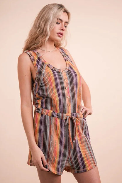 Trendsi Boho Striped Summer Romper with Button Details and Adjustable Waist Tie