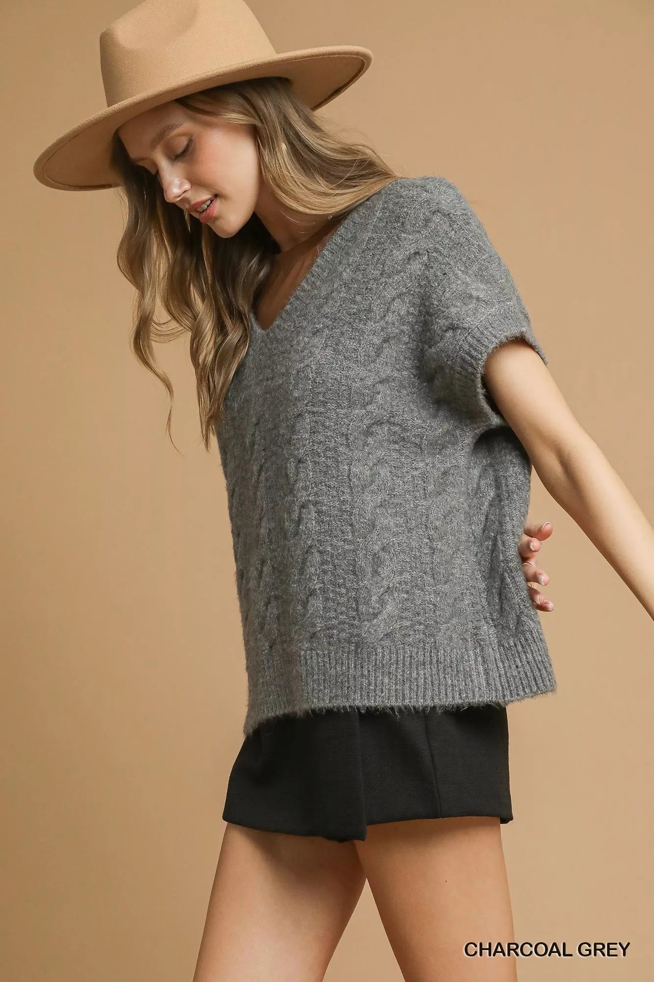 Umgee cable knit sweater in charcoal grey with a relaxed fit and V-neck design