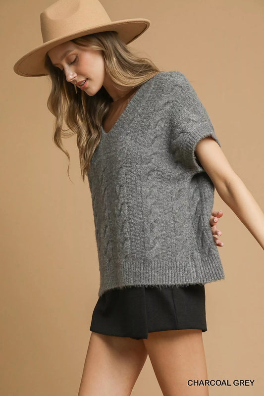 Umgee cable knit sweater in charcoal grey with a relaxed fit and V-neck design