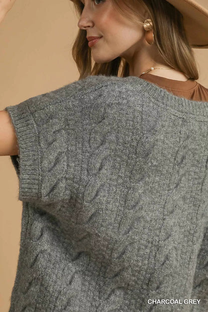 Umgee cable knit sweater in charcoal grey with short sleeves, perfect for casual layering